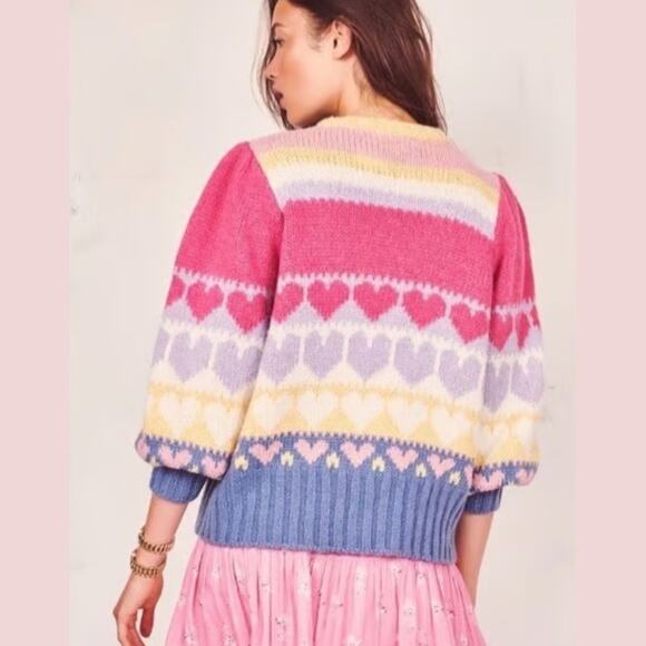 LoveShackFancy Shirelle Puff-Sleeve Heart Sweater Wool Alpaca Pink Icing Medium - Picture 2 of 15